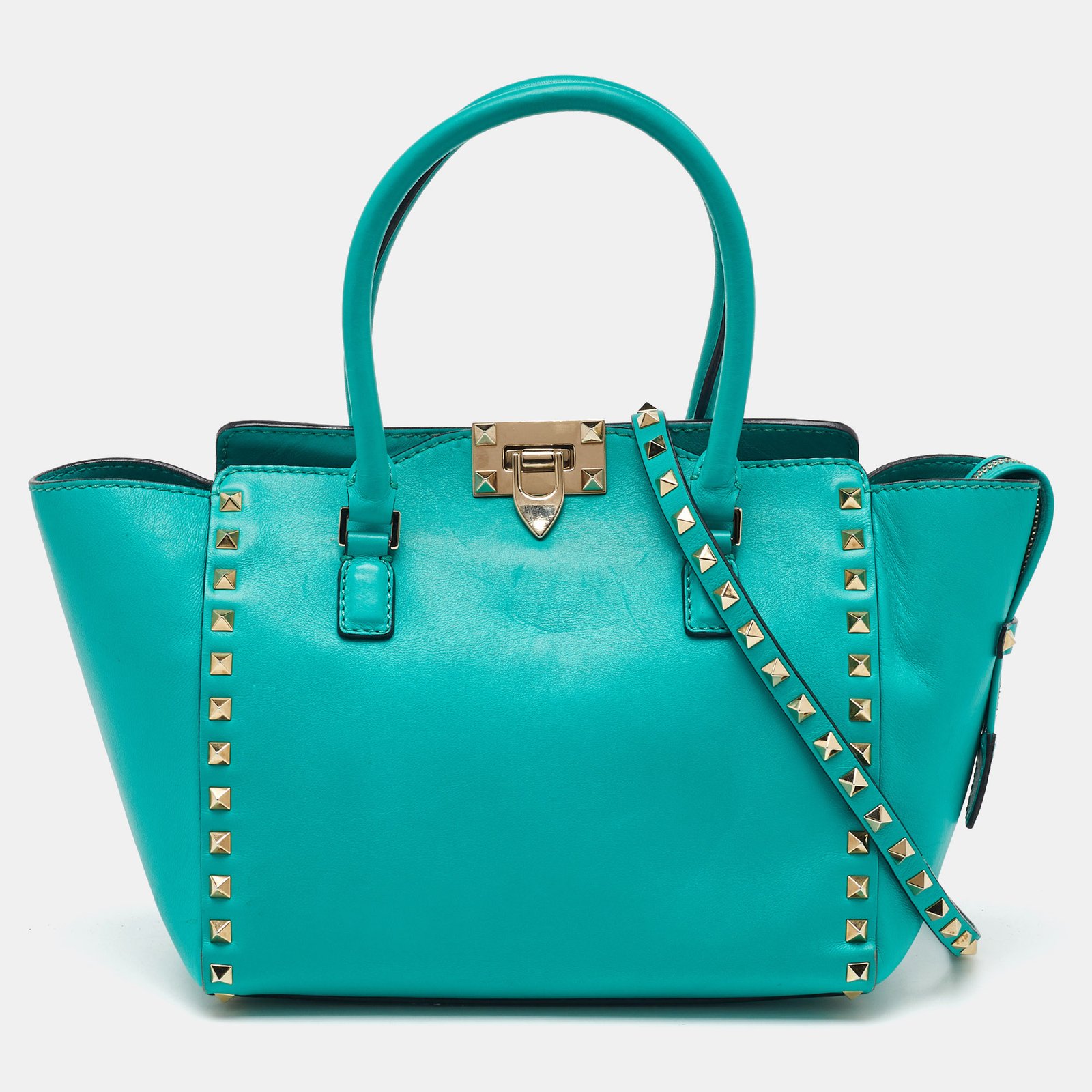 valentino turquoise blue leather medium rockstud trapeze tote