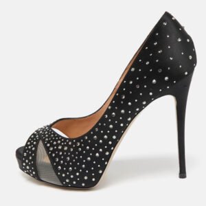 valentino black satin and mesh crystal embellished platform pumps size 37.5