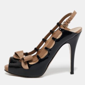 valentino black/beige patent leather and leather bow peep toe slingback pumps size 36.5