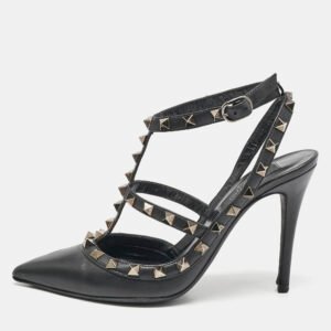 valentino black leather rockstud ankle strap pumps size 36