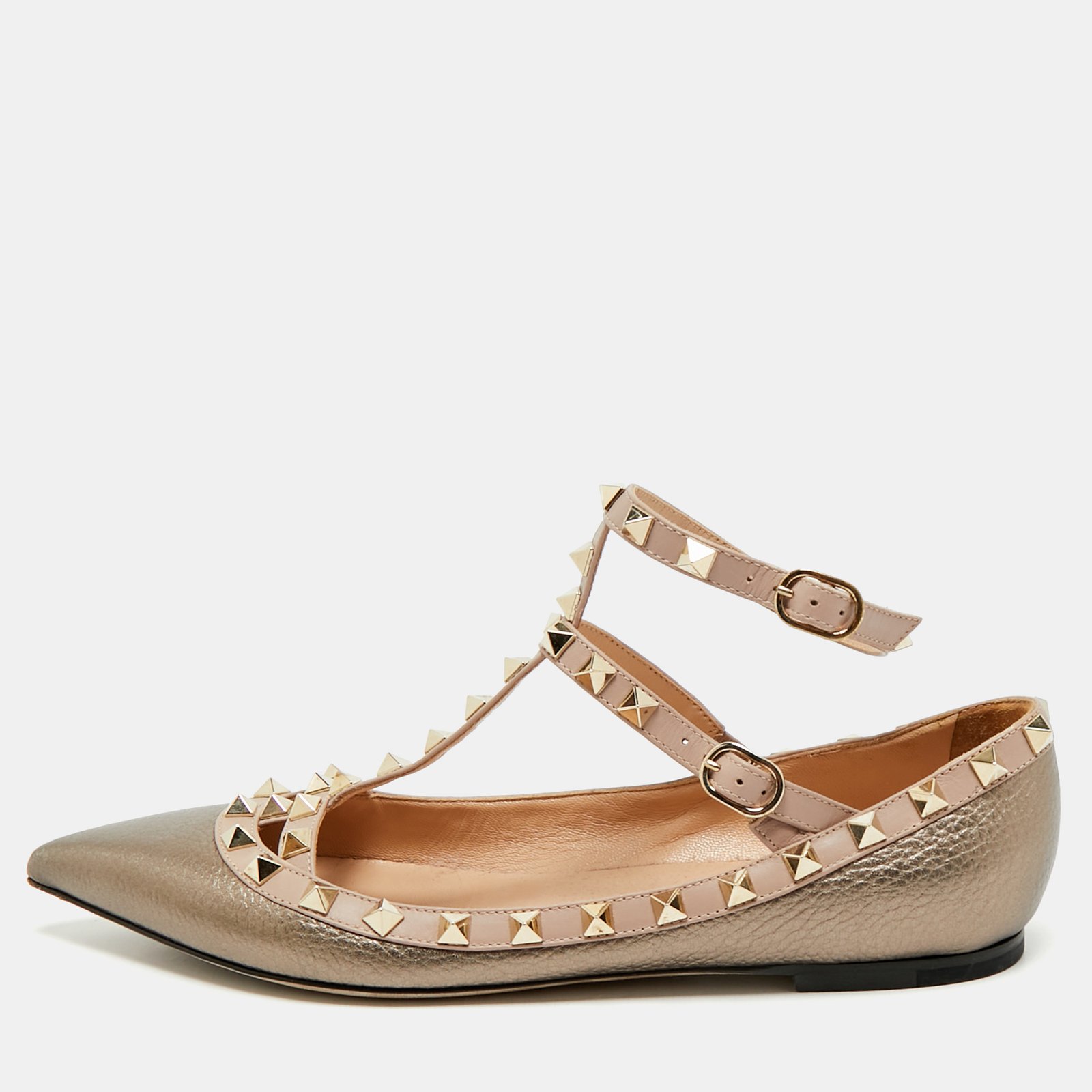 valentino metallic/beige leather rockstud caged ankle strap ballet flats size 38.5