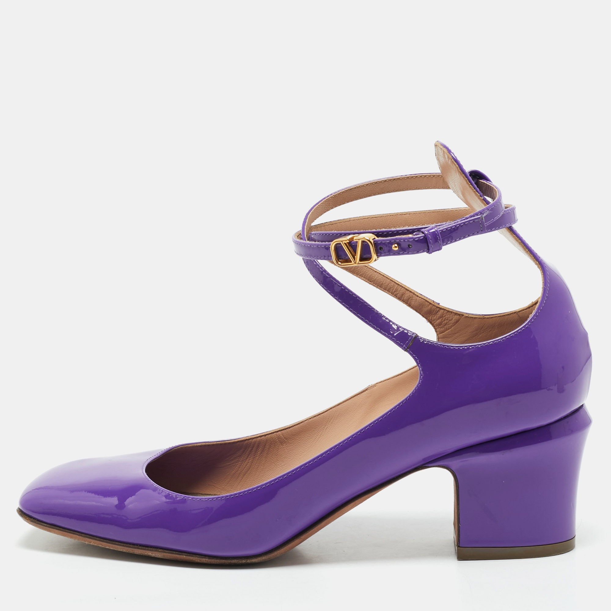 valentino purple patent leather tan-go block heel pumps size 39.5