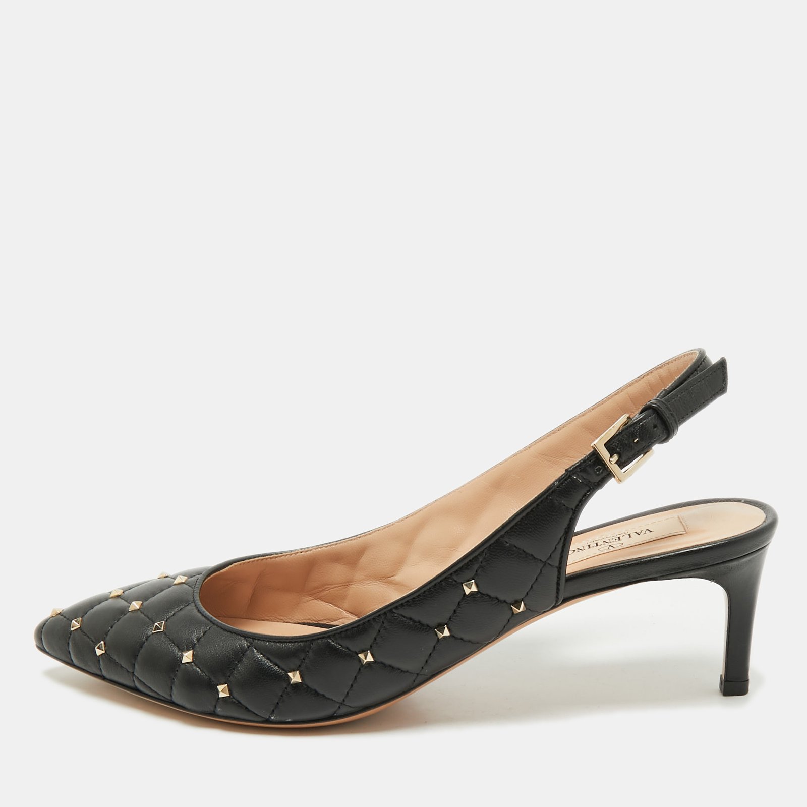 valentino black quilted leather rockstud pointed toe slingback pumps size 38