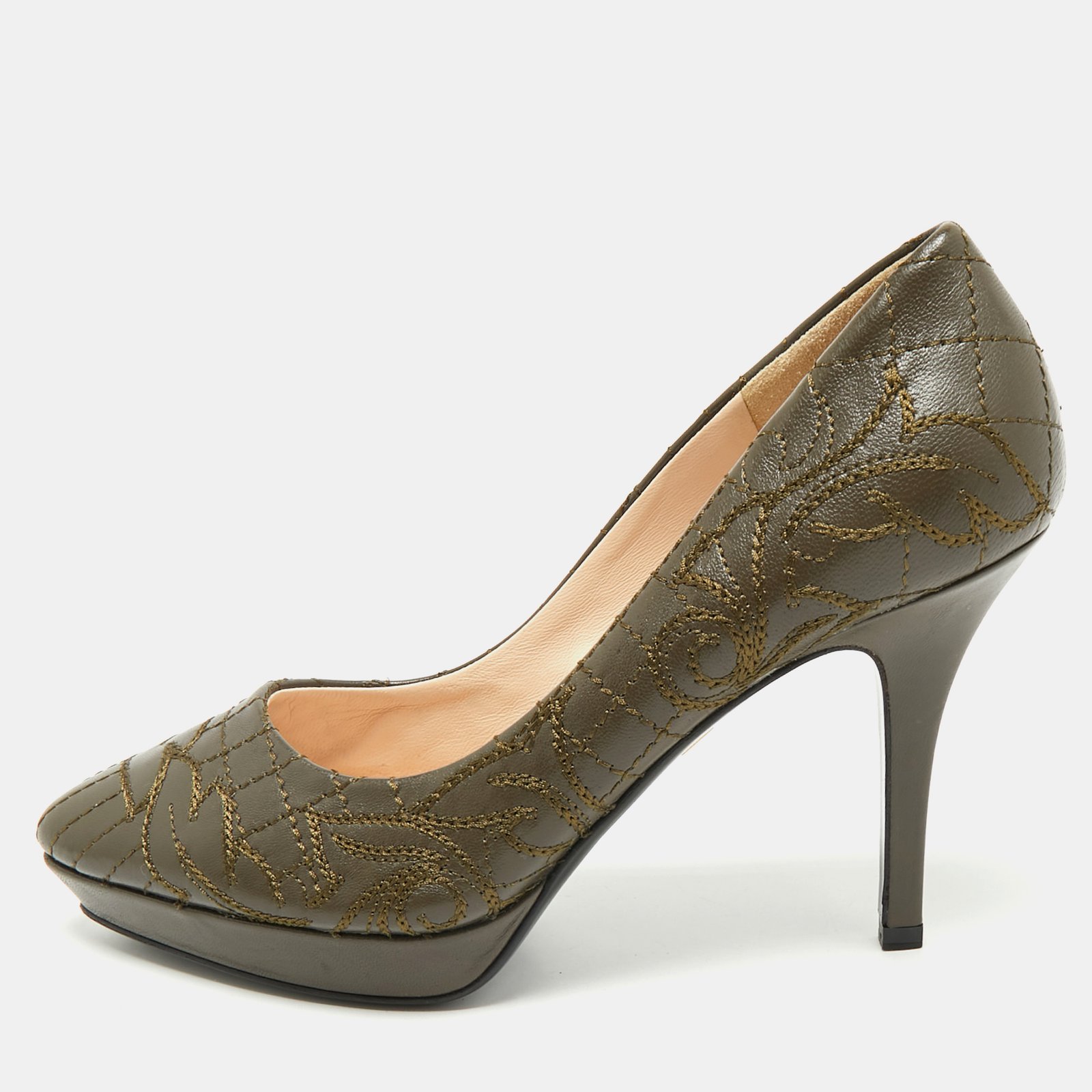 versace olive brown embroidered leather platform pointed toe pumps size 38