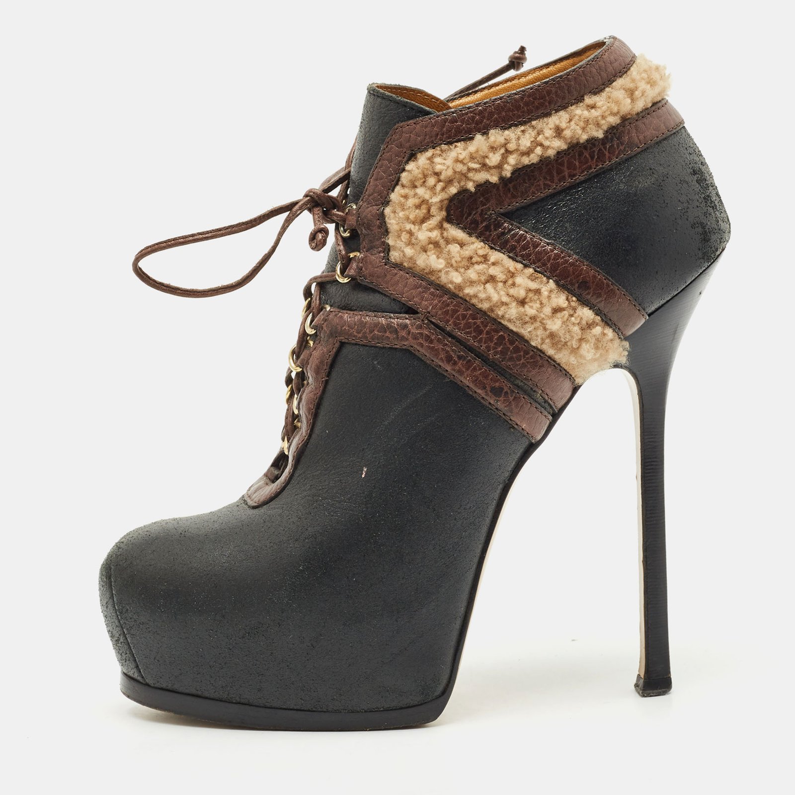 yves saint laurent black/brown shearling fur and suede tribtoo ankle length boots size 38.5