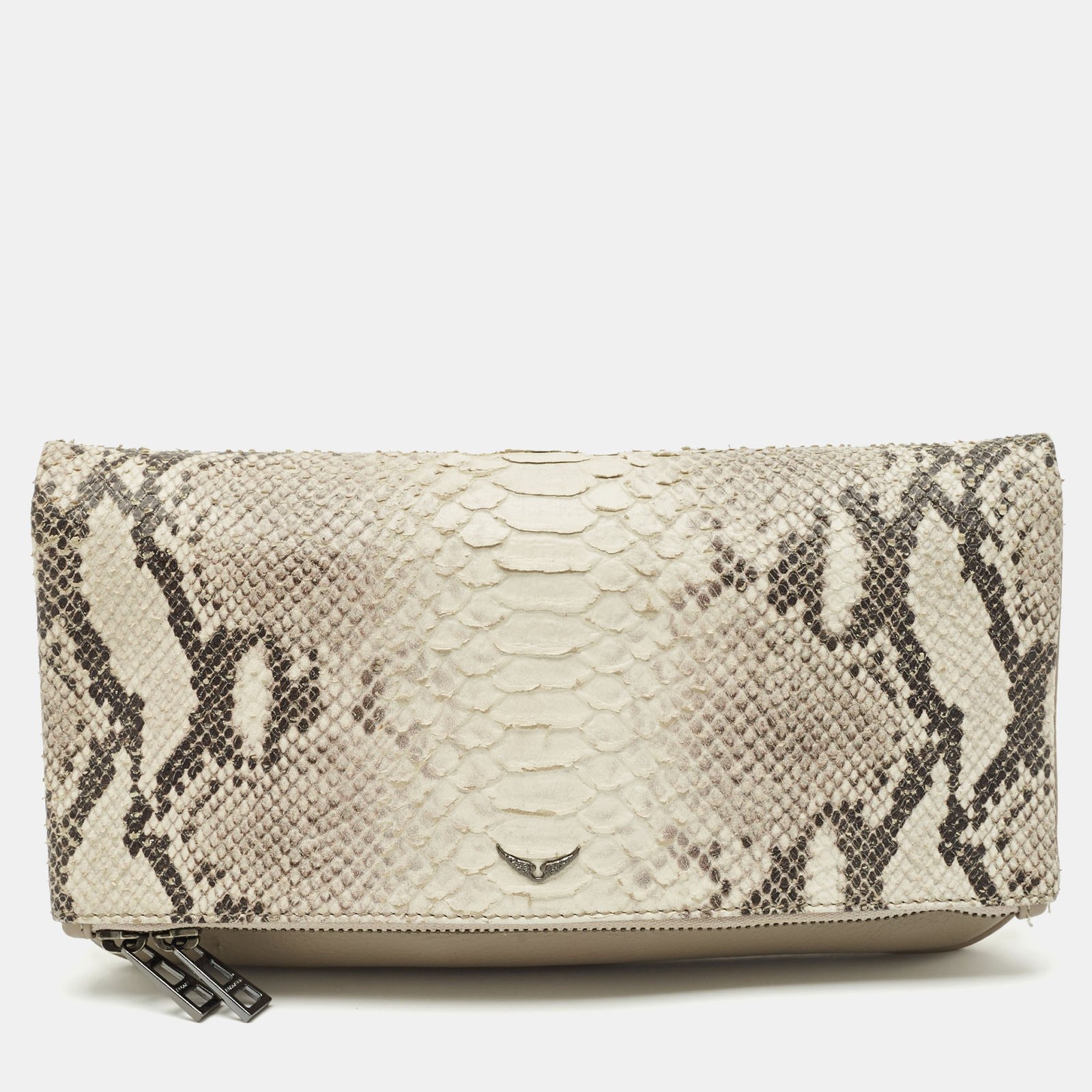 zadig & voltaire grey python embossed leather rock foldover clutch bag