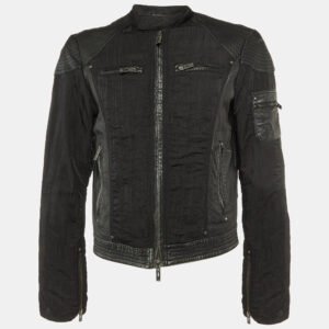 emporio armani misura black leather & nylon paneled biker jacket m