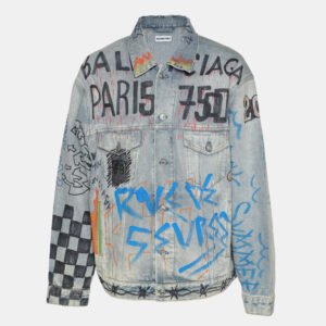 balenciaga blue denim graphic print jacket xxxs