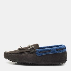 luxury-men-tods-used-shoes-p1160483-003.jpg tod's grey shearling and suede double t driver loafers size 39.5