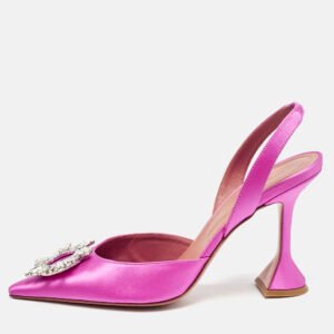 amina muaddi pink satin begum crystal embellished slingback pumps size 41