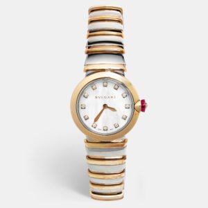 bvlgari mother of pearl diamond 18k rose gold stainless steel lvcea 102194 women's wristwatch 28 mm