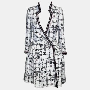chanel white/black logo 20s tweed dress xs