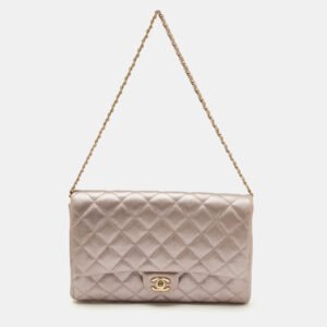 chanel metallic pink quilted leather chain flap clutch