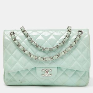 chanel green quilted patent leather jumbo classic double flap bag