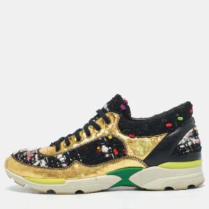 chanel multicolor tweed and leather lace up sneakers size 38