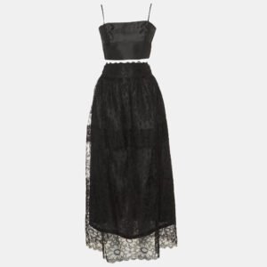 chloe black silk & lace crop top & maxi skirt set l