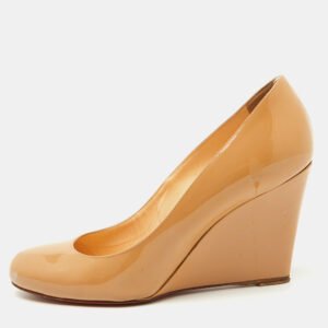 christian louboutin beige patent leather ronron zeppa wedge pumps size 38.5