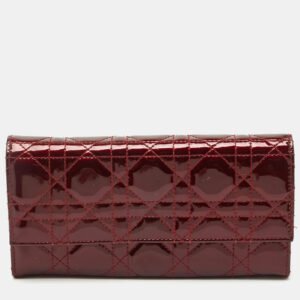 dior dark red cannage patent leather lady dior wallet on chain