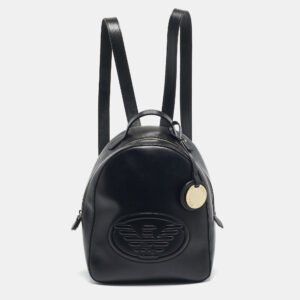 emporio armani black faux leather small logo backpack