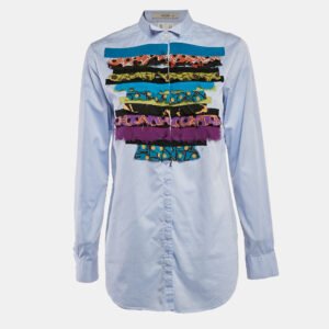 etro blue cotton and silk ruffled shirt m