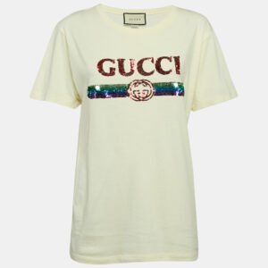 gucci light yellow logo embroidered cotton oversized t-shirt xs