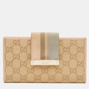 gucci beige/pink gg canvas and leather web flap continental wallet