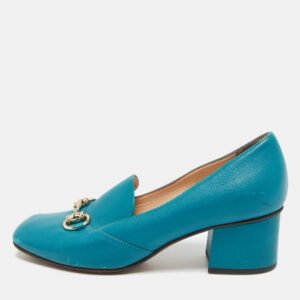 gucci blue leather horsebit loafer pumps size 36