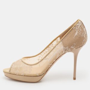 jimmy choo beige lace luna peep toe pumps size 36.5