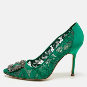 manolo blahnik green lace and mesh hangisi pumps size 37.5