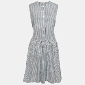 miu miu black/white striped cotton crystal embellished dropwaist dress m