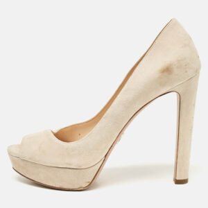 prada beige suede peep toe platform pumps size 39.5