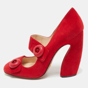 prada red suede mary jane button pumps size 39.5