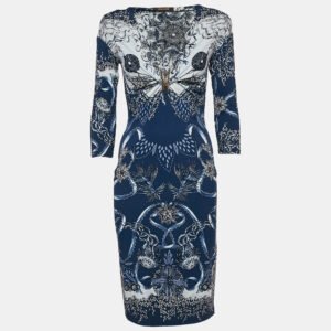 roberto cavalli blue printed jersey brooch detail midi dress m
