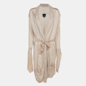 roberto cavalli beige stretch knit belted cardigan l