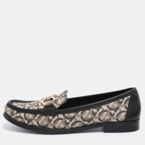 salvatore ferragamo beige/black canvas and leather gancini loafers size 41