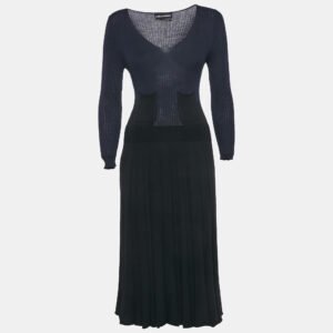 sonia rykiel navy blue/black rib knit v-neck midi dress m