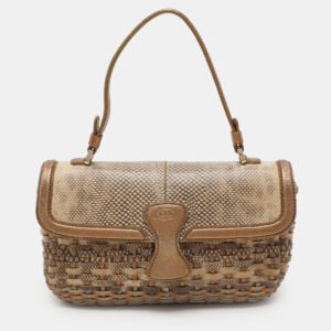 tod's gold/beige woven leather shoulder bag