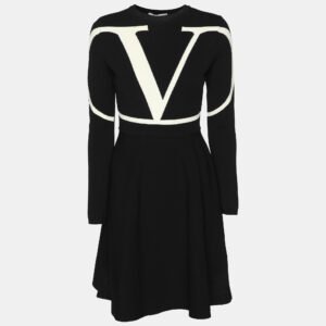 valentino black/white stretch crepe v logo midi dress xs