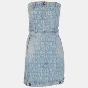 versace blue logo print denim strapless mini dress m