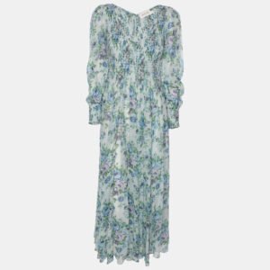 zimmermann multicolor floral print silk shirred dress xs