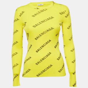 balenciaga yellow logo print rib knit full sleeve top m