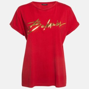 balmain red foil logo printed cotton t-shirt m