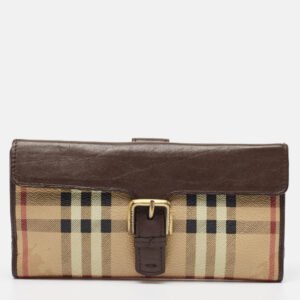 burberry brown/beige haymarket pvc and leather buckle flap continental wallet