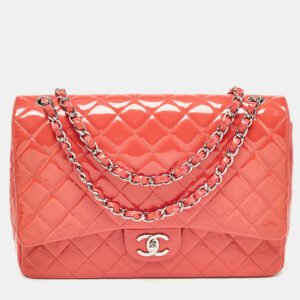 chanel pink quilted patent leather maxi classic double flap bag