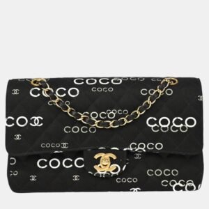 chanel black canvas coco medium classic double flap shoulder bag
