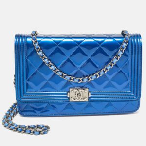 chanel royal blue quilted patent leather boy wallet on chain