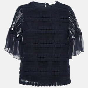 chloe navy blue crochet flutter sleeve top s