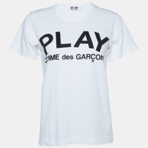 comme des garcons play white logo print cotton crew neck t-shirt l
