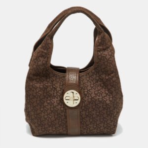dkny brown signature canvas and croc embossed leather push lock hobo