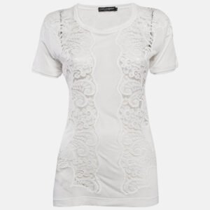 dolce & gabbana white modal & lace trim crew neck top m